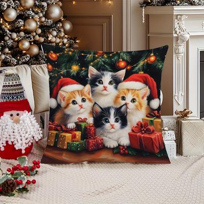 "TEMU Christmas Cat Pattern Throw Pillow Cover By Suige Home, Soft Knit Polyester, Contemporary Single-side Print, Machine Washable, Fits Room Types - 17.7" And 19.7" Sizes, Cover Only" Image