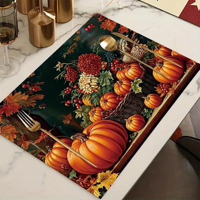 TEMU Harvest Season Polyester Mats – Woven Fabric Table Mats With Autumn Pumpkin And Foliage Design, Machine Washable, Square Insulation Pads For Dining – Set Of 1 Or 4, Kitchen Table Decor Image