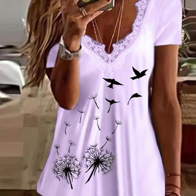 TEMU Contrast Lace Dandelion Print T-shirt, Casual Short Sleeve T-shirt For , Women's Clothing Image