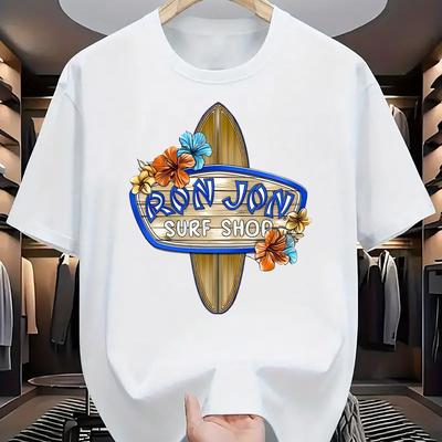 TEMU Men's Graphic T-shirt - 100% Cotton Relaxed Neck Short Sleeve, Lightweight 180gsm Summer Casual Tee With Surfboard & Tropical , Machine Washable Image
