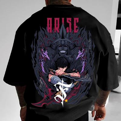 TEMU Men's Casual Graphic T-shirt With & Back Print - Black Short Sleeve Round Neck Tee For Summer, Lightweight Breathable Fabric, Machine Washable Image