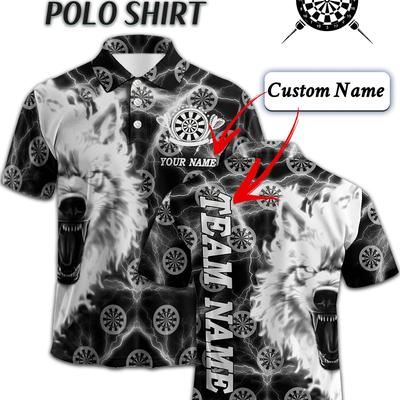 TEMU Custom Men's Darts Theme Shirt With 3d Dart , Personalized Name & Team Name, Zipper Short Sleeve, & Black Casual Summer Shirt For Enthusiasts, Team Uniforms Or Gifts Image