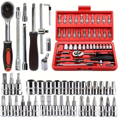 TEMU 46pcs Car Repair Tools Kit, Carbon Steel Ratchet Wrench Socket Tool Box, Durable Metal Home Tool Box, Combination For Machinists And Diy Enthusiasts Repair Tools Image
