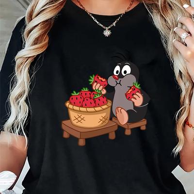 TEMU Women's Cute Cartoon Eating Strawberries Graphic T-shirt - Round Neck Casual Tee, , Machine Washable, White, Comfortable Clothing, Design, Nontransparent Fabric Image