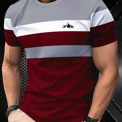 TEMU Men's Casual Summer Striped T-shirt - Round Neck, Short Sleeve, Maroon & Block With Mountain Print, Lightweight & Breathable For Outdoor Sports, Streetwear & Everyday Use Image