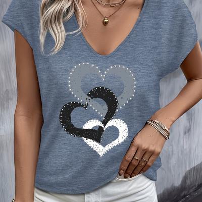 TEMU Women's Casual V-neck Sleeveless Top With Heart Print - Stretchy Short Sleeve Blouse, Regular Fit For Spring/summer, Machine Washable, Summer Apparel, Design, Image