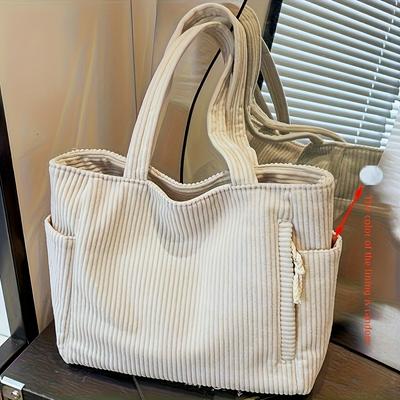 TEMU 1pc Elegant Casual Corduroy Tote Bag With Zipper Closure, Foldable Large Capacity Polyester Lined Handbag, Fixed Shoulder Straps For Daily & Shopping - In Black, Beige, Green, Soft Texture Purse Image