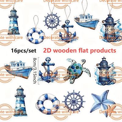 TEMU 2d Flat - 16pcs Vintage Nautical Wooden Hanging Ornaments Set - 2d Ocean-themed Decor With Sailboats, , Turtles & More - Ideal For Home, Pool Party, And Christmas Decoration, Summer Ocean Them Image