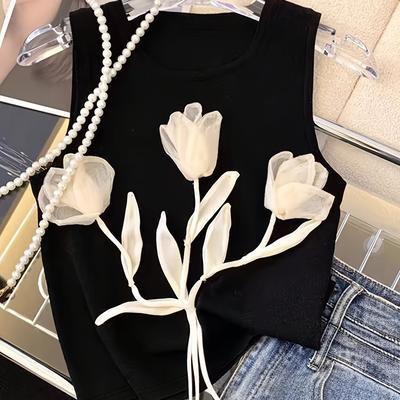 TEMU Women's Elegant Sleeveless Black Tank Top With 3d - Stretchy Round Neck Summer Top, Machine Washable For Casual & Formal Wear, Spring Fashion, Pearl Embellishments, Sophisticated Style Image