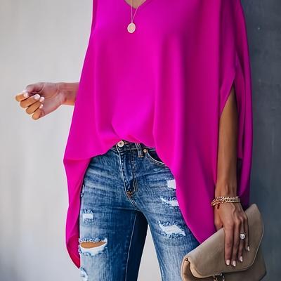 TEMU Women's Plus Size V-neck Short Sleeve Blouse - Soft Pink Macaron Fabric, Loose Fit, Comfortable Non-stretch Design For Casual Or Vacation Wear, Ladies Blouses Image