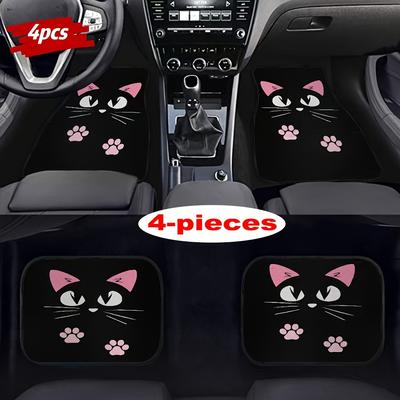 TEMU 4pcs Pink Cartoon Cat Car Mat-anti-slip, Washable Polyester Mat For Cars, Suvs And -black With Pink Accents, Perfect Gift For Men And Women Image
