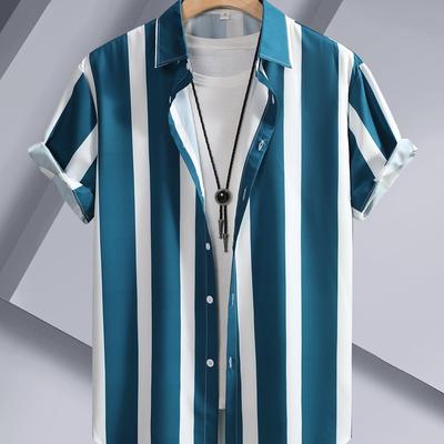TEMU Men's Summer Casual Striped Short Sleeve Button-up Shirt With Lapel Collar - Lightweight Polyester, Ideal For Weekend Casual Wear Image