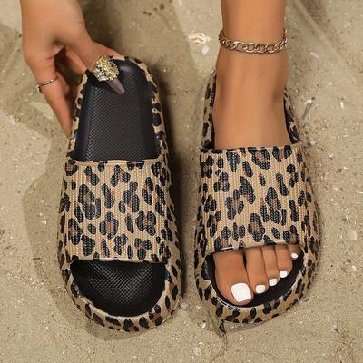 TEMU Women' Leopard Print Eva Slides - Comfortable Thick Sole Cloud Slippers For Beach & Dorm Wear, Open Toe Design, Mid-heel, Casual Summer Footwear Image