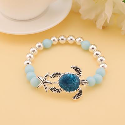 TEMU Vintage Alloy Turtle Charm Bracelet With Starfish And Light Blue Beads - Everyday Wear And Celebrations Image