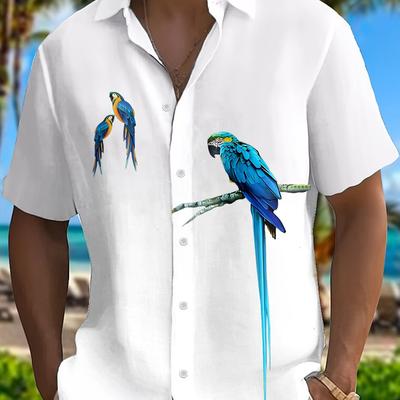 TEMU Men's Parrots Pattern Pint Short Sleeve Lapel Shirt Top, Casual Button Up Shirt For Summer And Vacation Resorts Image