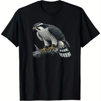 TEMU Men's Goshawk Graphic T-shirt - 100% Cotton, , Short Sleeve, Black With Realistic Design, Hunting & Bird Watching Enthusiasts, Sizes S-xxxl Image