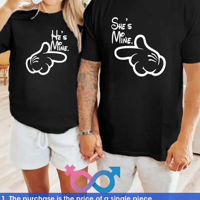 "TEMU Men's And Women's " Mine" Graphic T-shirts - Romantic Couple Matching Black Tee With Thumbs , Polyester Blend, Valentine's Day And Casual Wear, Casual Wear Tee | Design | Stretchy Fabric" Image