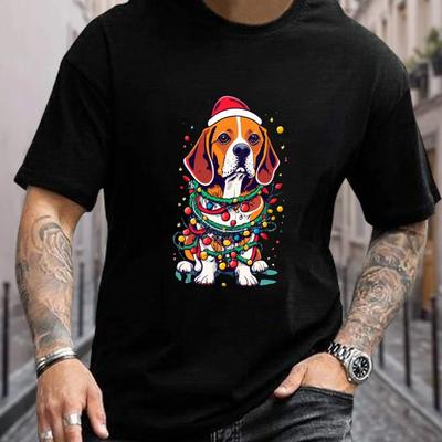 TEMU Men's Christmas Beagle T-shirt - With Santa Hat & Lights, Casual Round Neck, Soft Polyester , Short Sleeve, , Machine Washable, Holiday Apparel | Christmas Themed Shirt | Image