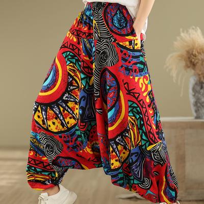 TEMU 953 Women's Boho-chic Yarn-dyed Harem Pants - Vibrant Geometric Print, Loose Fit, High Waist, Casual & Elegant, , Leisure, And , Pants Image