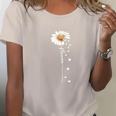 "TEMU [everyday ] Women's Casual Daisy Graphic Tee - Short Sleeve Crew Neck, Blue Polyester Blend Top With "" Print, Summer & Spring" Image