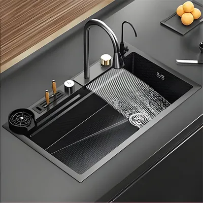 304 Stainless Steel Kitchen Waterfall Sink Digital Display Honeycomb Sink with Multifunction Waterfall Kitchen Accessories