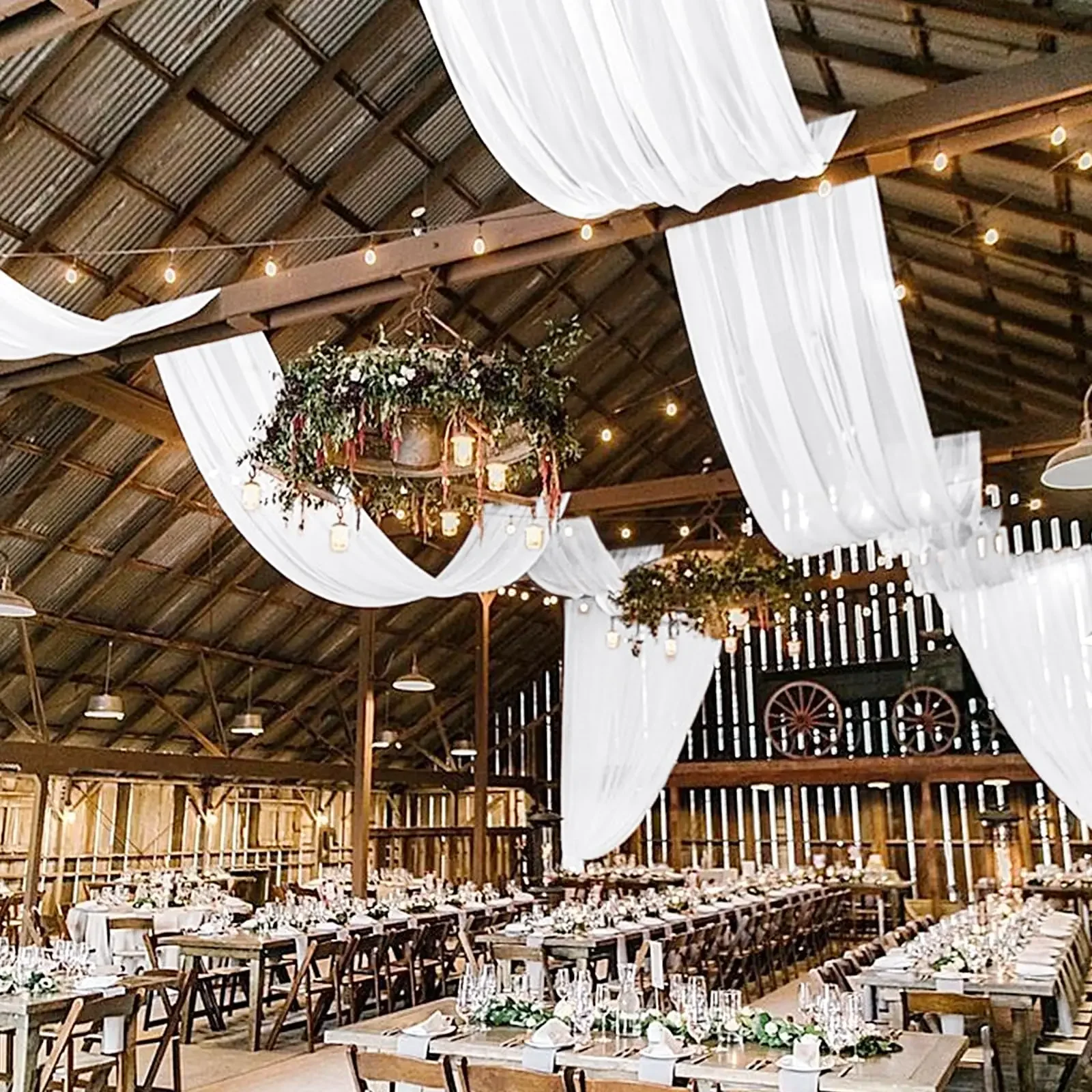 2-teilige weiße Deckenvorhänge für Hochzeitsbogen, drapierter Stoff, hochwertige Chiffon-Hochzeitsdekorationen für Party, Zeremonie, Bühnendekoration Image