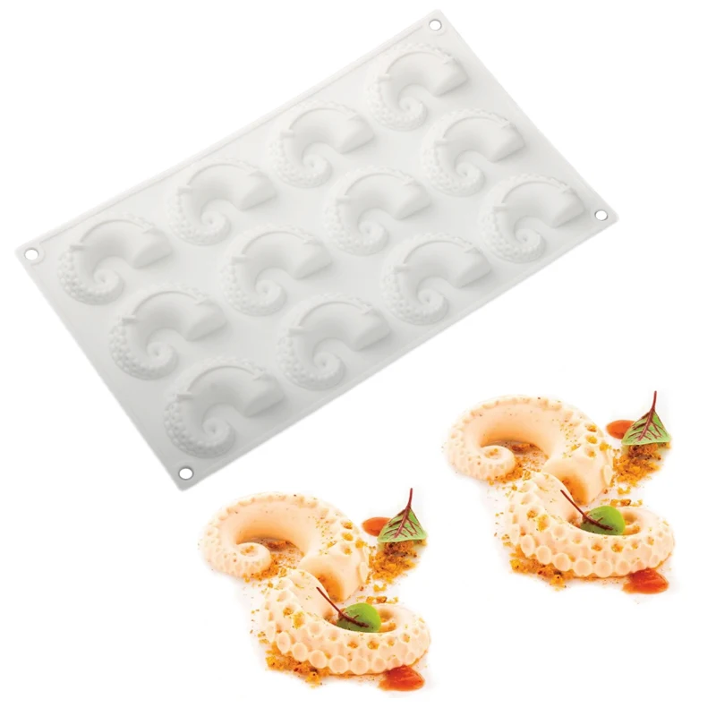 12-Zellen-Krake-Tentakel-Design, Silikon-Kuchenform, Tintenfisch-Antenne, Fondant-Kuchenform, Schokoladenformen, Dessert-Dekorationswerkzeuge Image