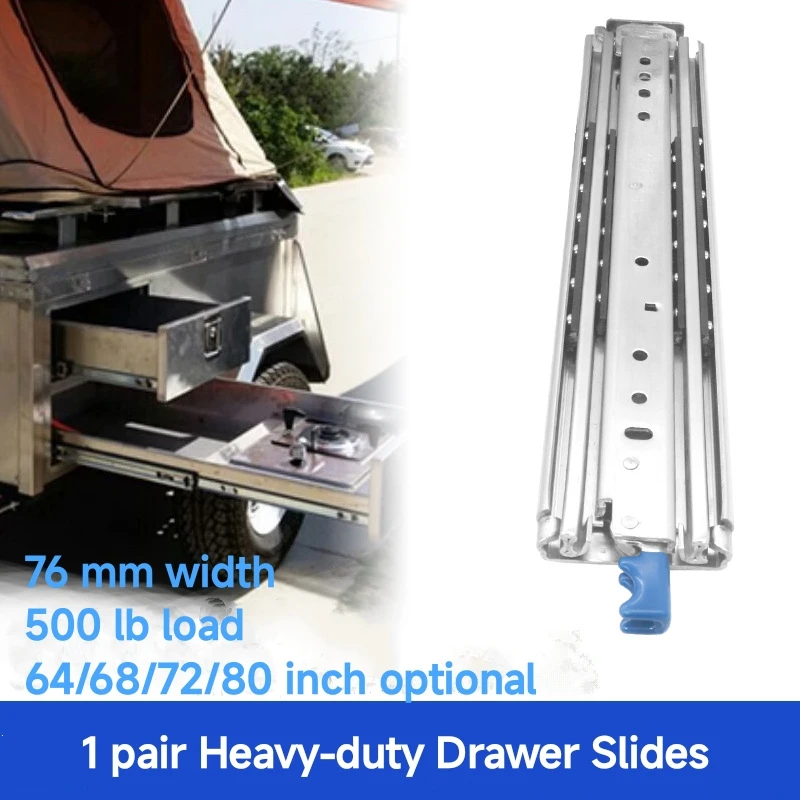 1 Paar robuste Schubladenführungen 64/68/72/80 Zoll, 500 Pfund Traglast 76 mm Breite. Geeignet für den industriellen Einsatz oder Wohnmobile Image