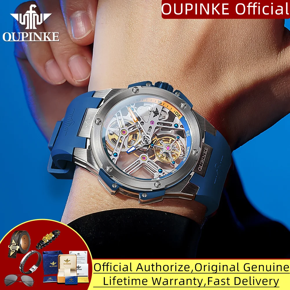 OUPINKE 8003 Echte Tourbillon-Uhr, automatische mechanische Uhr für Herren, skelettiert, transparent, hochwertige Luxus-Armbanduhren Image