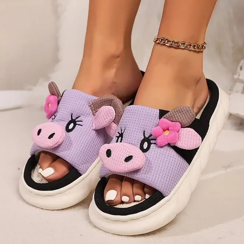 Women's Cartoon Cow Plush Slippers Comfortable Thick EVA Sole Linen Slides Fashion Cow Shape Unisex Summer Indoor Home Slippers