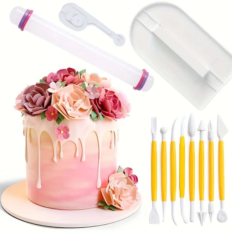 11 stücke Backen Werkzeug Set 1 stück Nudelholz 1 stück Kuchen Glätter 1 stück Fondant Cutter Embosser 8 stücke Fondant Schaber Haushalt ZSY Image
