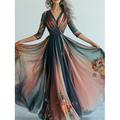 Abito lungo da donna, abito lungo, abito casual, abito svasato, abito floreale, abito estivo, abito boho, vintage, vacanza, quotidiano, vestibilità regolare, floreale, manica lunga, scollo a V, blu estivo.