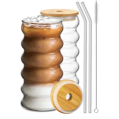 350/480ml With Lid And Straw Set Of 2pcs Heat-resistant Wave Cup Beer Juice Ice Coffee Cups Cocktail