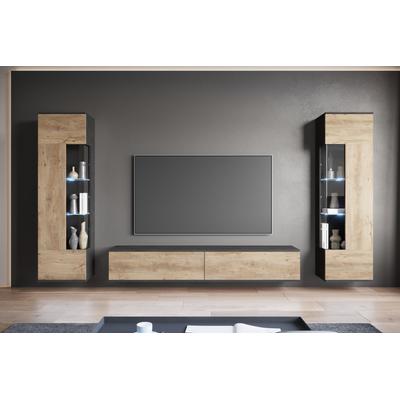 Wohnwand INOSIGN "Kenia, Vitrine Türanschlag links/rechts wechselbar", matera anthrazit, kastanie breslau, Holzwerkstoff, Glas, Hartfaserplatte, Kunststoff, Kastenmöbel-Sets, Vitrinen mit Eckverglasung, hängend und stehend montierbar Image