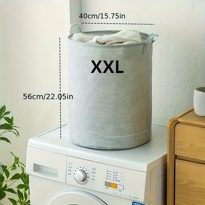 TEMU 1pc Striped Laundry Basket - Heavy-duty Non- Fabric Circular Storage Hamper With Handles For Clothes, Toys, Home Organization - For Laundry Room & Bedroom, Sturdy , Laundry Baskets Image