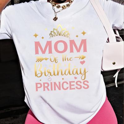 "TEMU Women's Casual Short Sleeve T-shirt - "mom Of The Birthday Princess" Graphic Print With Crown & Stars, Round Neck Top, Machine Washable Fit, Ladies T Shirts, , Medium Elasticity Fabric" Image