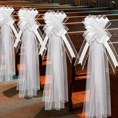 TEMU 8pcs/set (latte *4+ Tulle *4) Wedding Party Decoration White Bow Gauze Set, Chair Decoration Gauze, Suitable For Holiday Parties, Wedding Background Decoration, Thanksgivin Image