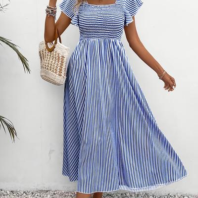 TEMU Youduomi Women's Elegant A-line Dress - Striped Square Neck With Smocking Detail, Machine Washable Versatile Casual To Formal Wear, Seasonal Fashion, Yardstick Silhouette, Ruched Detailing Image