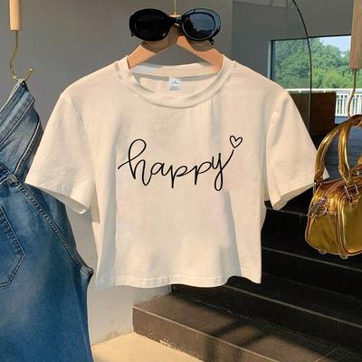 TEMU Y2k Sweatshirt For Women - Short Sleeve Crew Neck Cropped Top With Geometric Pattern & Heart Details, Medium Washable Casual Wear, Cute Sweatshirts, Layering Piece, Image