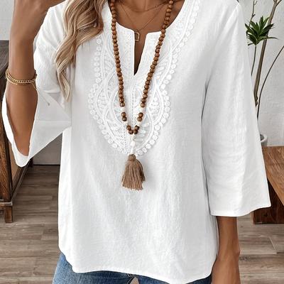 TEMU Women's Elegant V-neck Long Sleeve Blouse With Lace Trim - Solid Color Shirt, Machine Washable Top For Office & Casual Attire, Decorative Tassel Accent, Nontransparent Fabric Image
