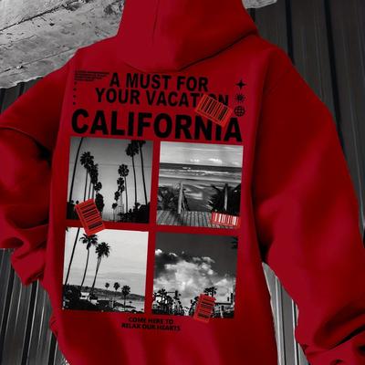 TEMU Men's Casual Hooded Sweatshirt - California Vacation Graphic Print, Black Geometric Pattern, Spring/fall Regular Fit Pullover, Machine Washable, Apparel, Design, Comfortable Wear Image