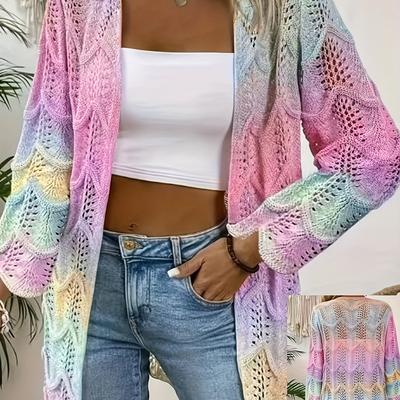 TEMU Women's Plus Size Open Front Long Sleeve Cardigan - Color Block Semi-sheer Lace Lightweight Spring Summer Elegant Sweater, Cardigan Sweater, Summer Layering Piece, Pattern, Intricate Openwork Image
