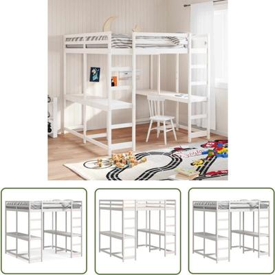 The Living Store Hochbett mit Schreibtisch & Leiter Weiß 140x200 cm Kiefernholz - Holzbett Image