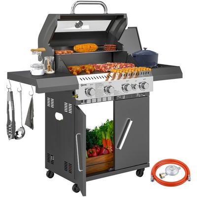 Outsunny - Gasgrill 12 kw Grillwagen inkl 5 Brenner Seitenkocher Rolle Druckminderer Deckel Image