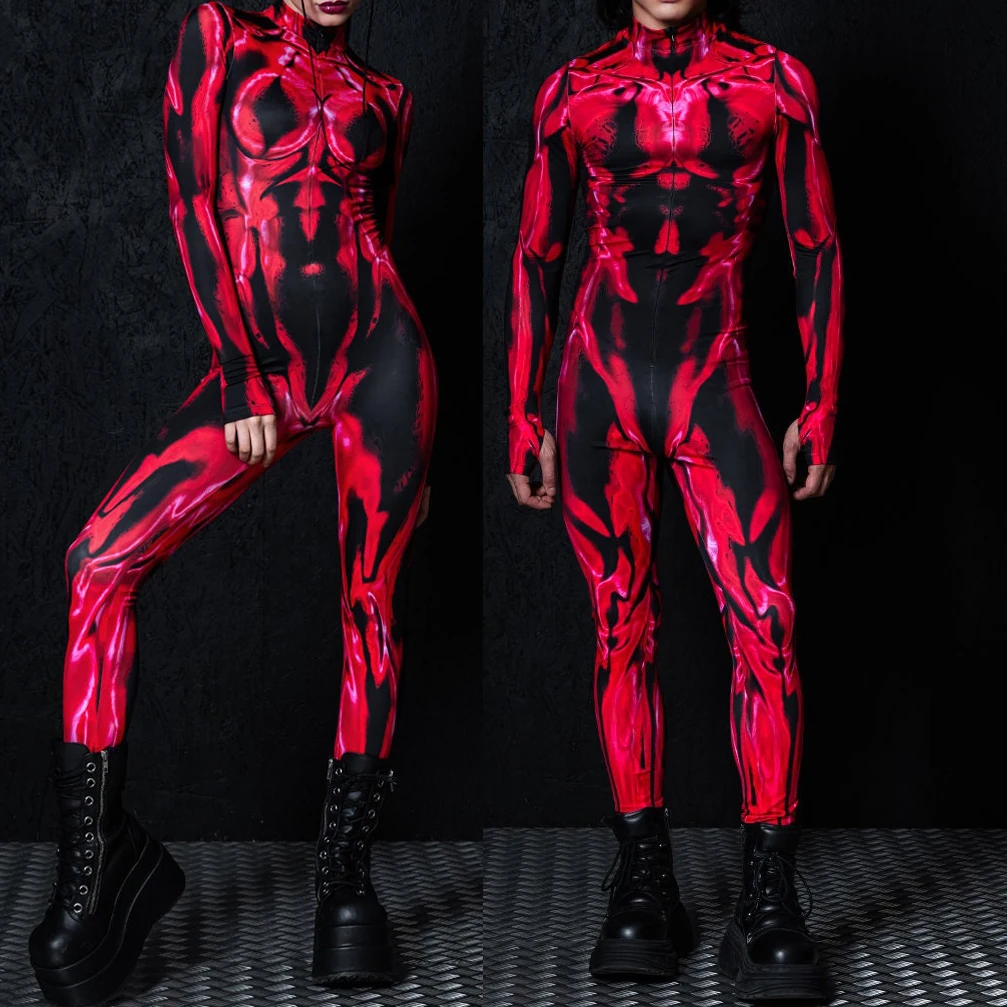 Männer Frauen Paar Schwarz Rot Teufel Overall Halloween Dämon Cosplay Morphsuit Punk Zentai Anzug Festival Party Rave Body