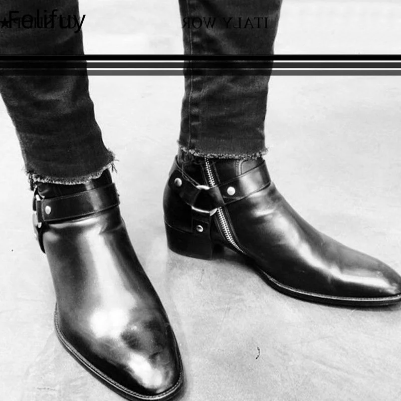 Schwarz Braun Neue Herrenschuhe Chelsea Stiefel Stiefeletten Herren Kuh Wildleder Leder Booties Partyschuhe Herren Schnalle Ketten Schuhe