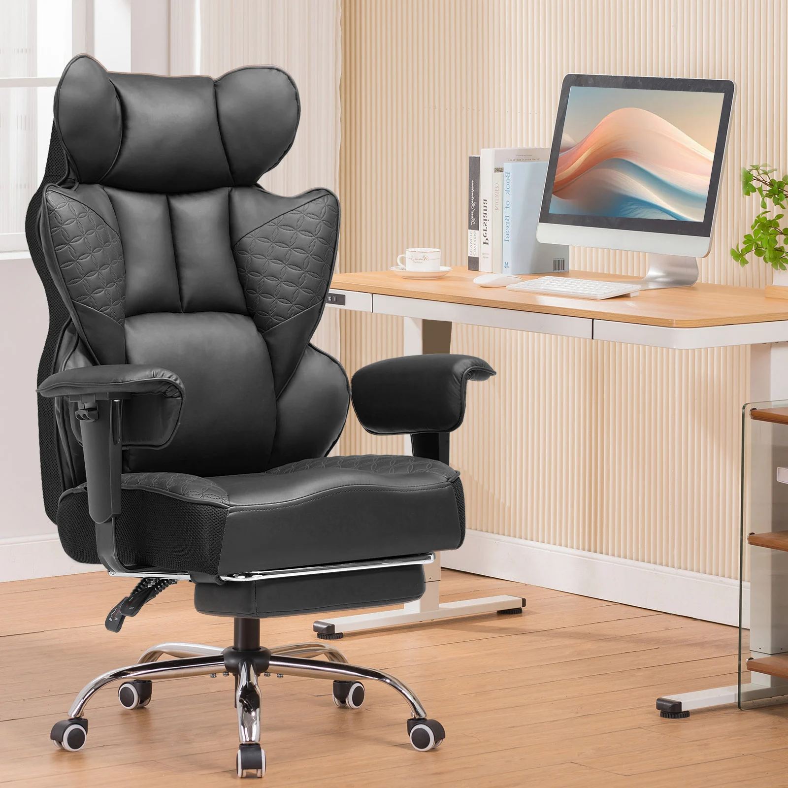 COMHOMA Gaming Stuhl, ergonomischer Bürostuhl, Schreibtischstuhl mit verstellbare Armlehnen, Taschenfederkern-Lendenwirbelstütze Image