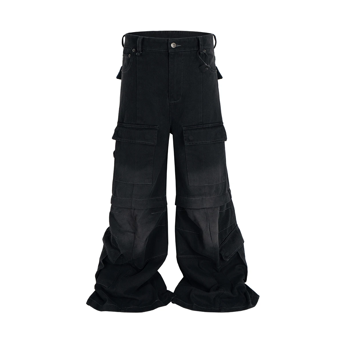 Vintage Washed Abnehmbare Flared Cargos Herren Straight Casual Baggy Overalls Übergroße Streetwear Boot Cut Schwarze Farbe Hose Image