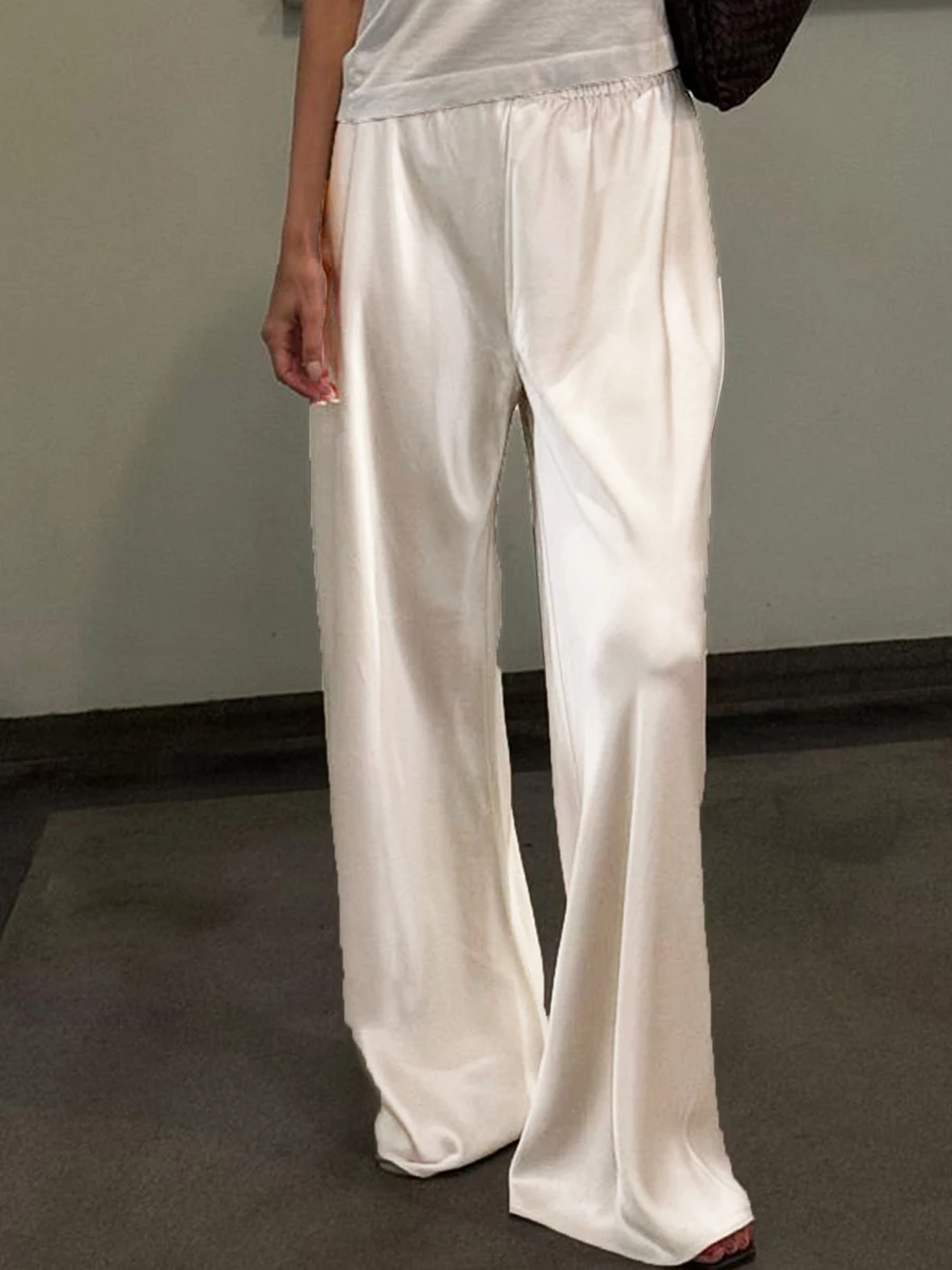 Schicke Satin-Kleiderhose mit weitem Bein für Damen, stilvolle elastische Taille, lockere Passform, lange Hose für Streetwear, Arbeit, einfarbig Image