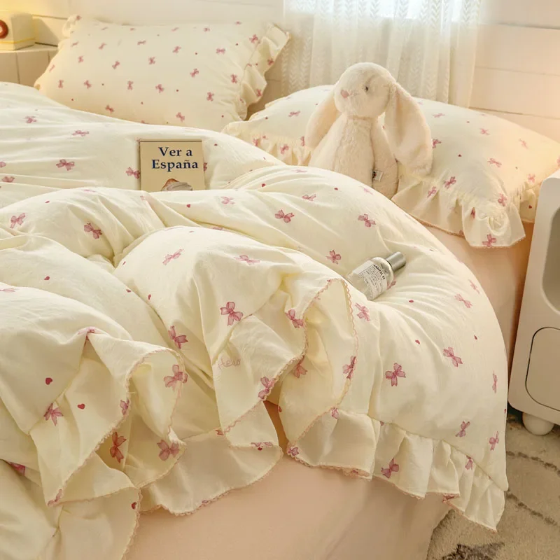 2025 prinzessin Stil Bettwäsche Sets Rüschen Spitze Bogen Quilt Abdeckung Romantische Bettwäsche Dekor Frau Mädchen Schlafzimmer Bettbezug 4 stücke Image